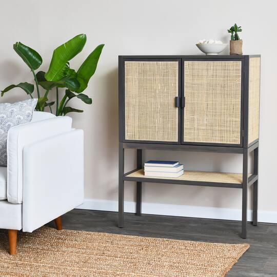 Hello Honey® 47" Boho Woven Rattan and Wood Cabinet with Doors, Shelf